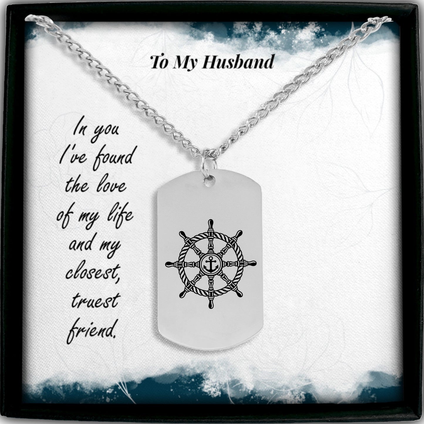 Husband Cuban Tag Necklace with Ship Wheel OwnPrint