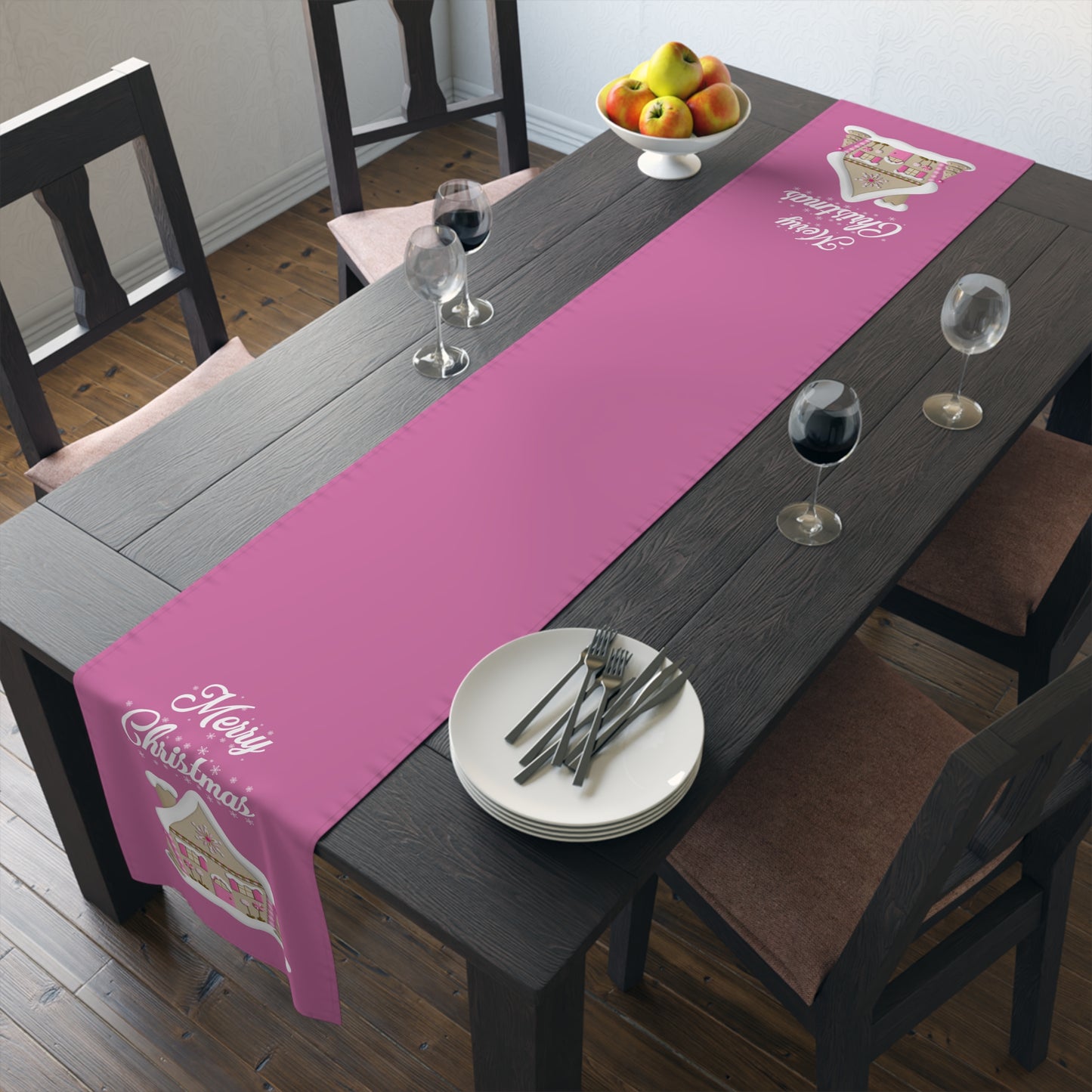 Pink Christmas House Table Runner — Festive Farmhouse Holiday Table Centerpiece by Printify