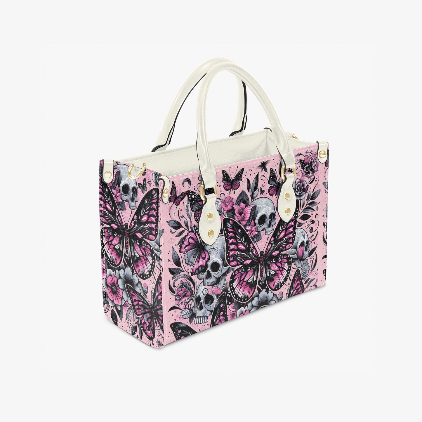 Tote bag with butterfly and skull design on a white background