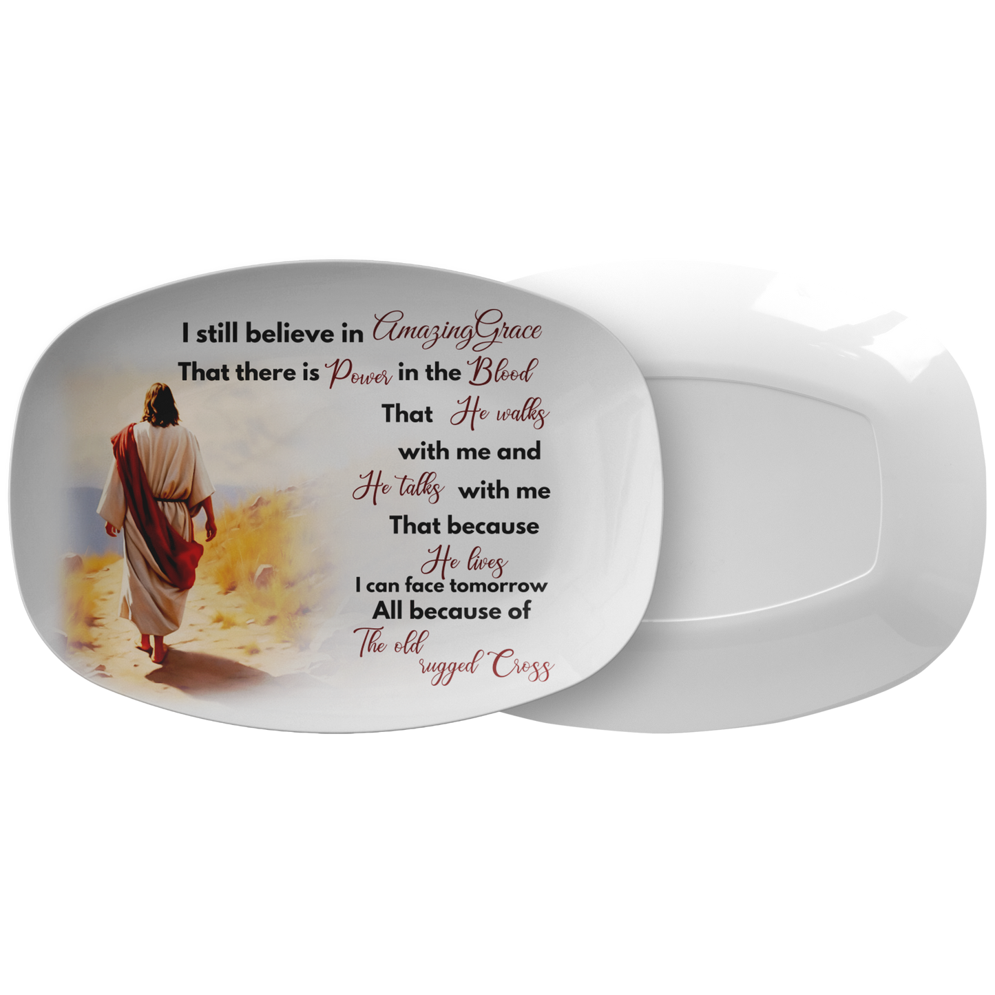 White oval platter with religious cross design and inspirational Easter text in script and serif fonts.