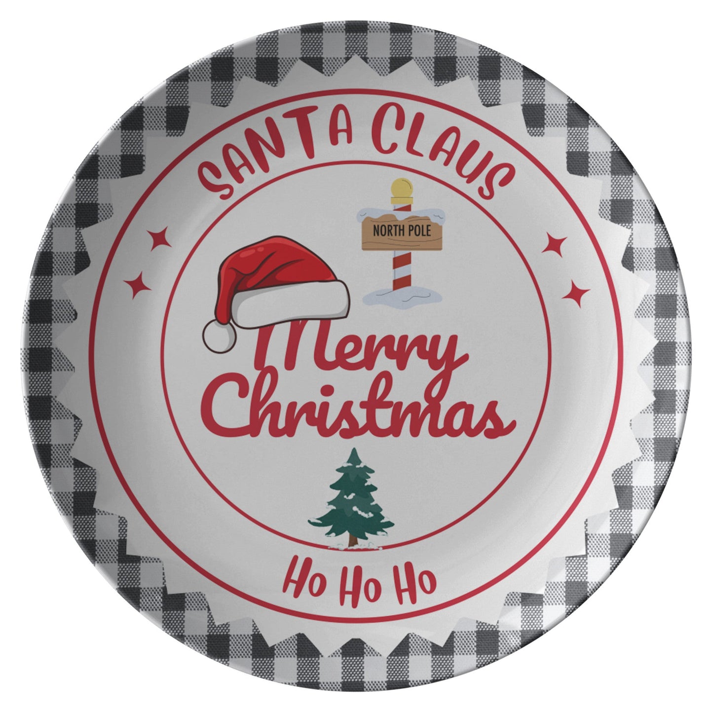 Festive Black & White Plate with Vibrant Red "Ho Ho Ho" Santa Claus Design – Perfect for Holiday Gatherings by teelaunch