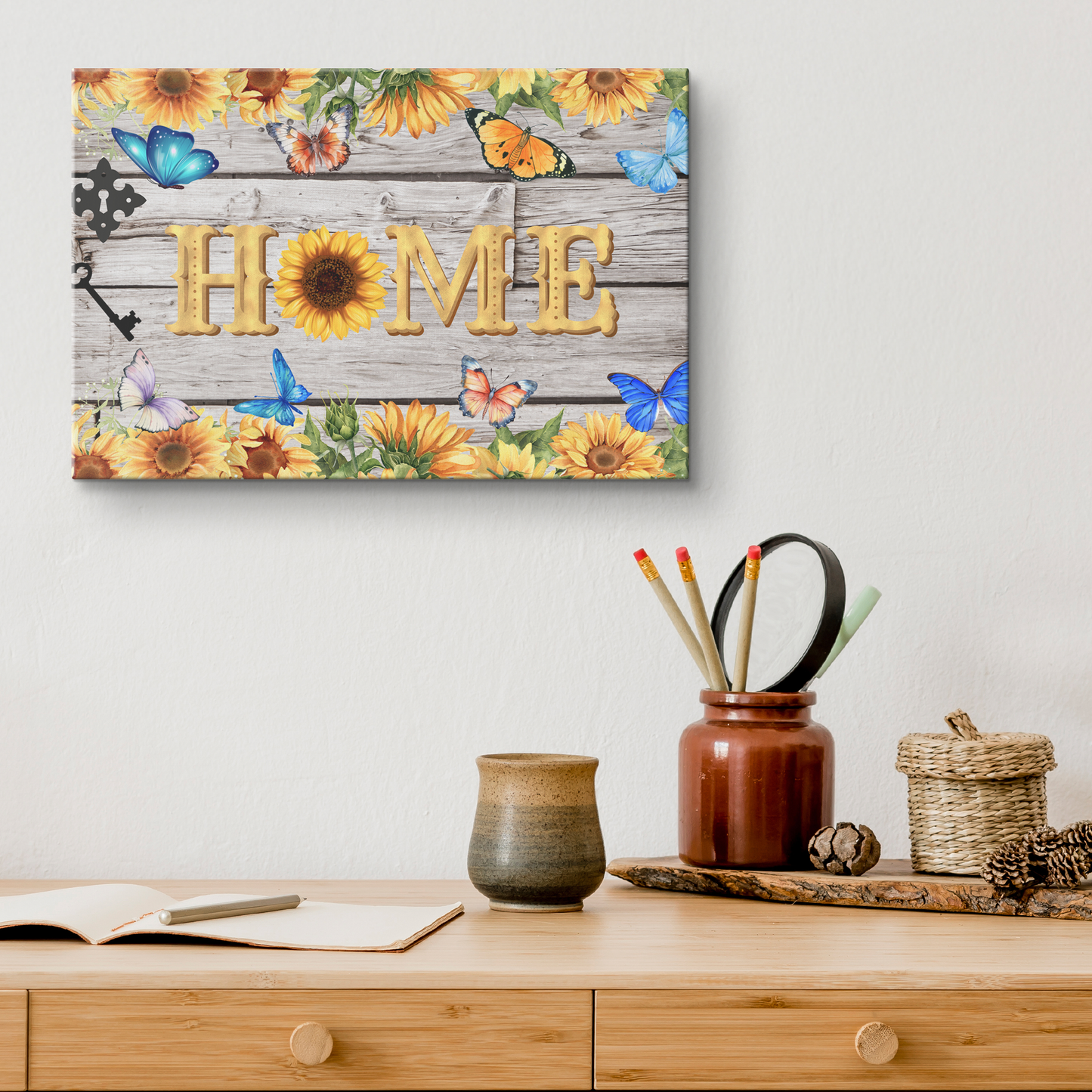 Sunflower and colorful butterfly canvas art with rustic wood plank background and "HOME" text wall decor.