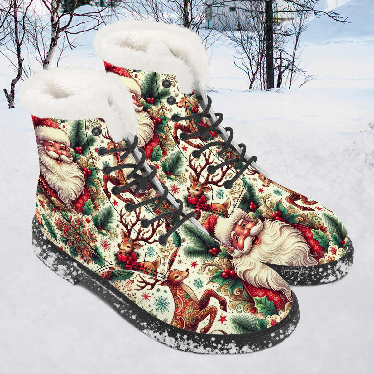 Santa Claus Christmas reindeers Faux Fur Synthetic Leather Boot