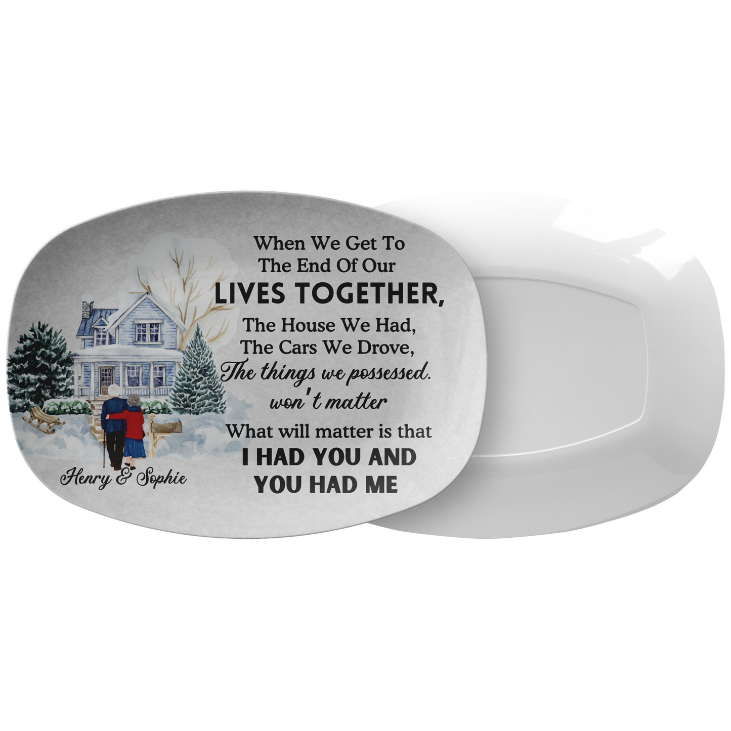 White oval platter with winter house illustration and personalized couple names, sentimental anniversary quote.