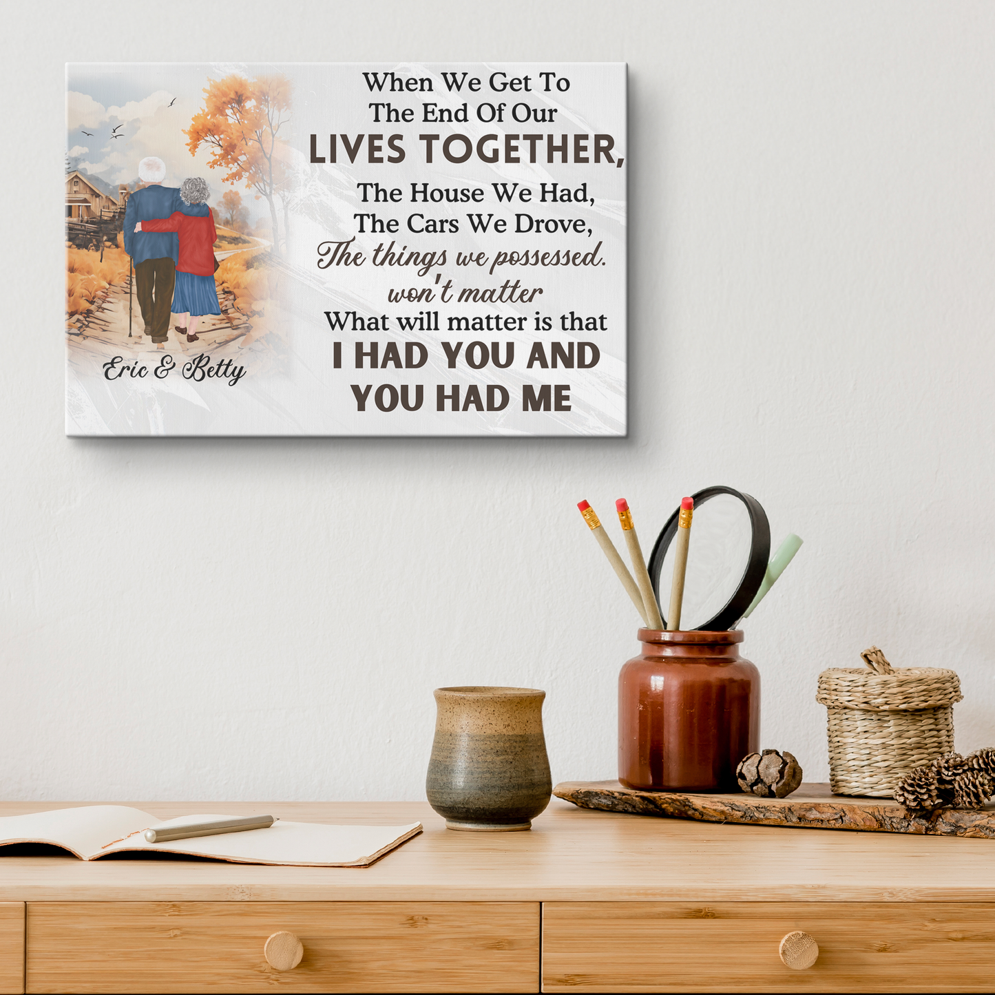 Personalized rectangular platter with a couple illustration and heartfelt anniversary message.