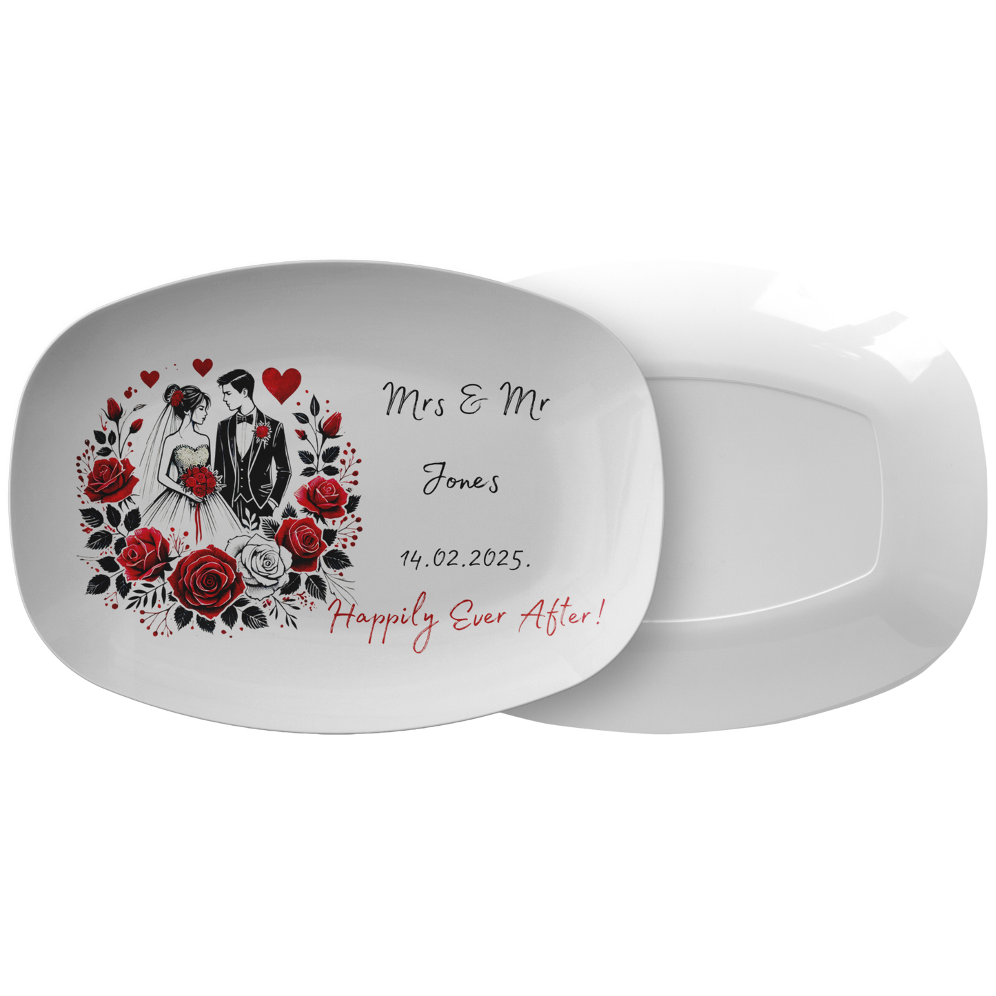 White rectangular ceramic platter with black and red rose and heart design, two champagne glasses, and custom "Mrs & Mr.