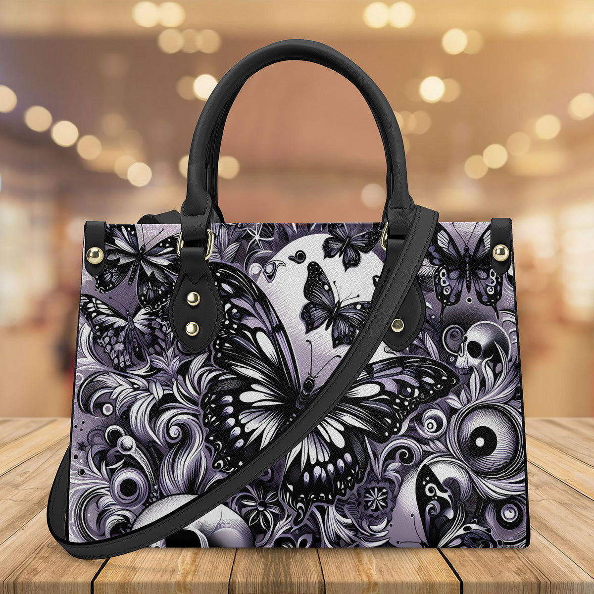 Skull and Butterflies Luxury Women PU Tote Bag - Black JewelryLuxeUS.Shop