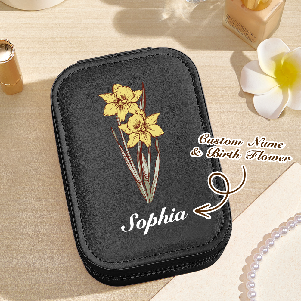 Personalized black PU leather jewelry box with Sophia's birth flower, ideal birthday gift.