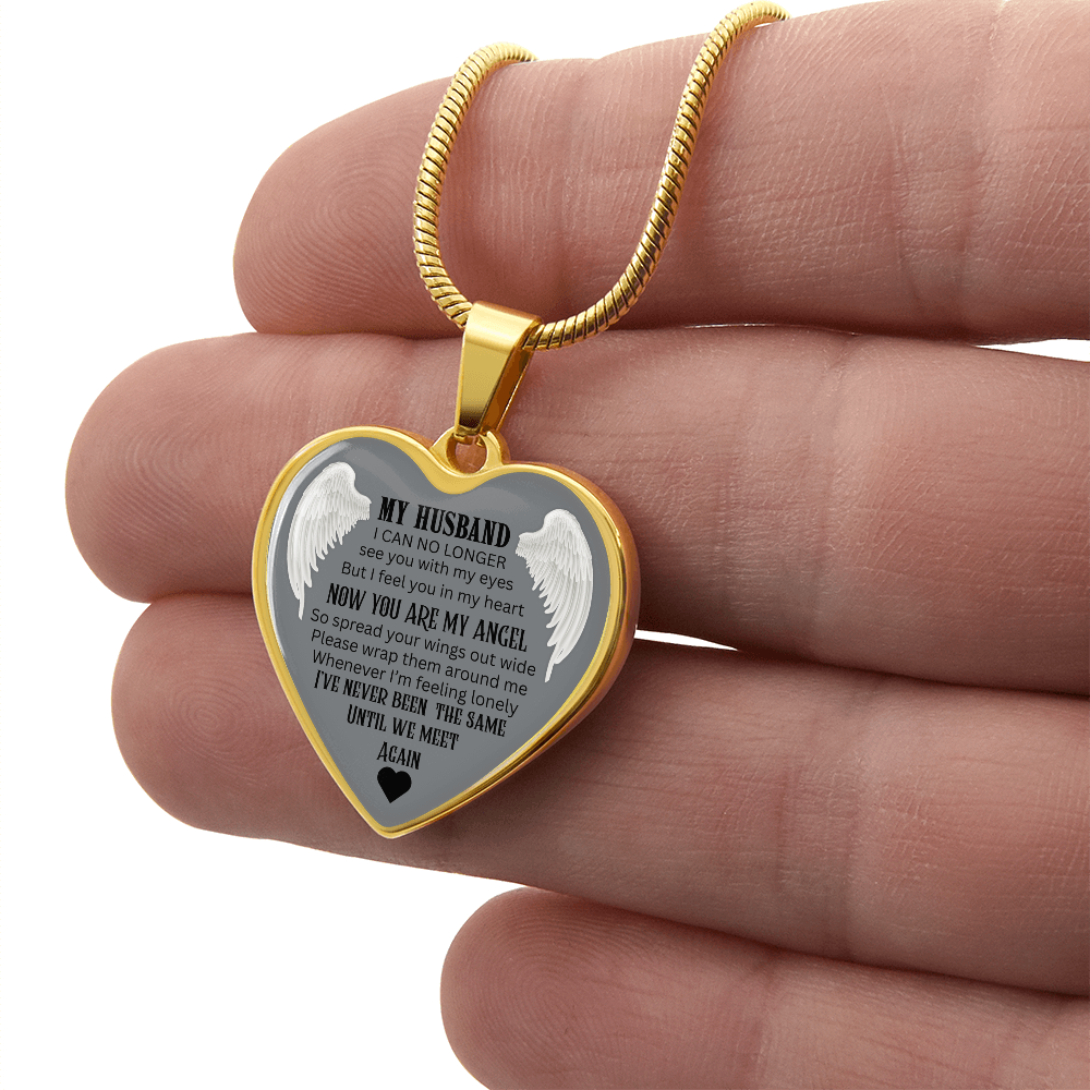 Luxury Graphic Heart Necklace My Husband Until We meet again black letters Angel Wings design ShineOn Fulfillment
