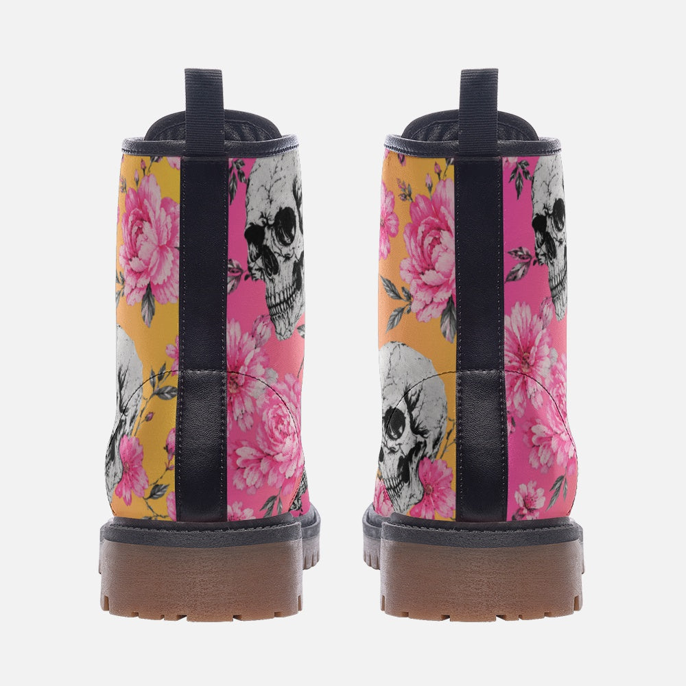 Casual Leather Lightweight boots Pink with Skulls and Flowers Printy6