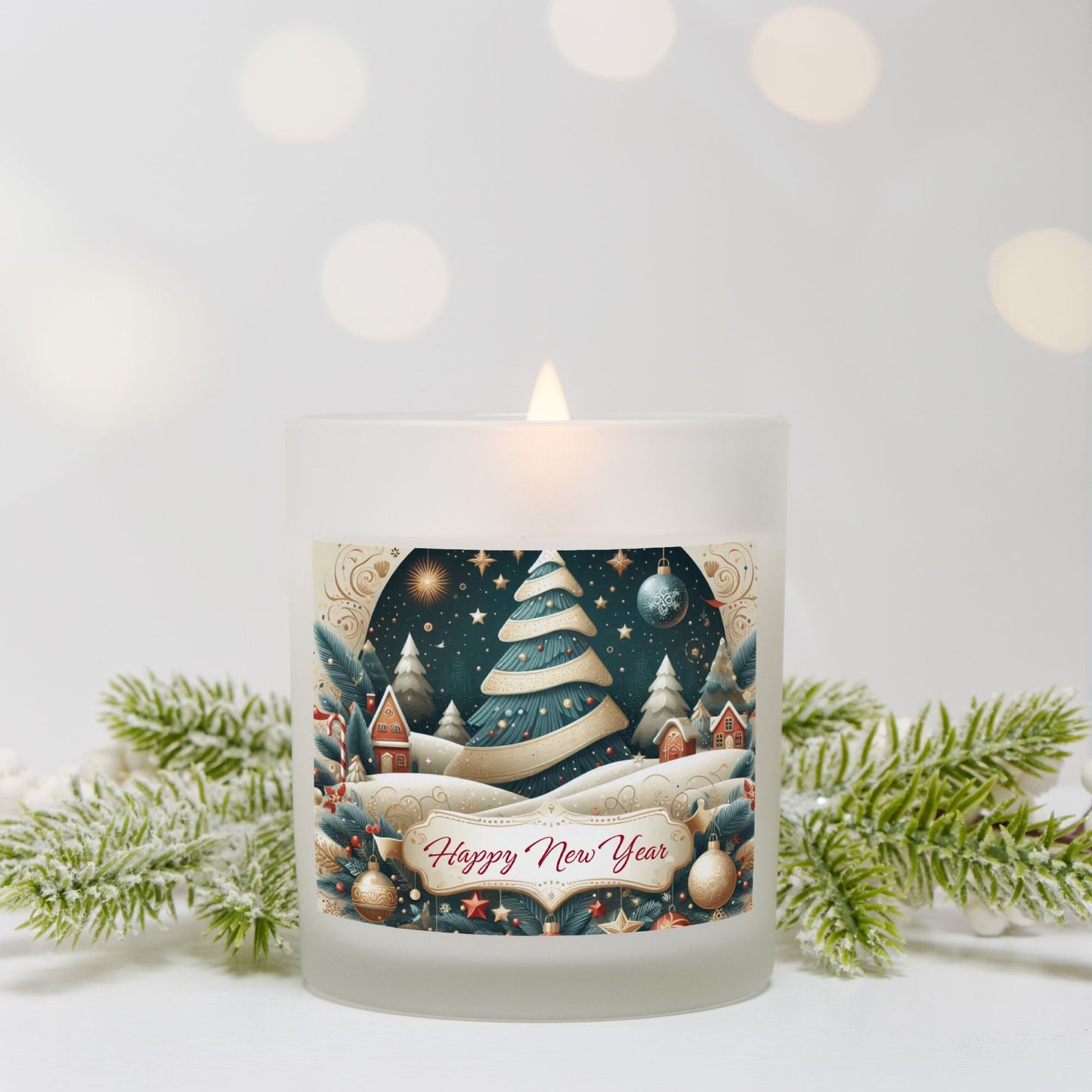 Happy New Year Candle Frosted Glass (Hand Poured 11 oz) by ChristmasLoving.Shop