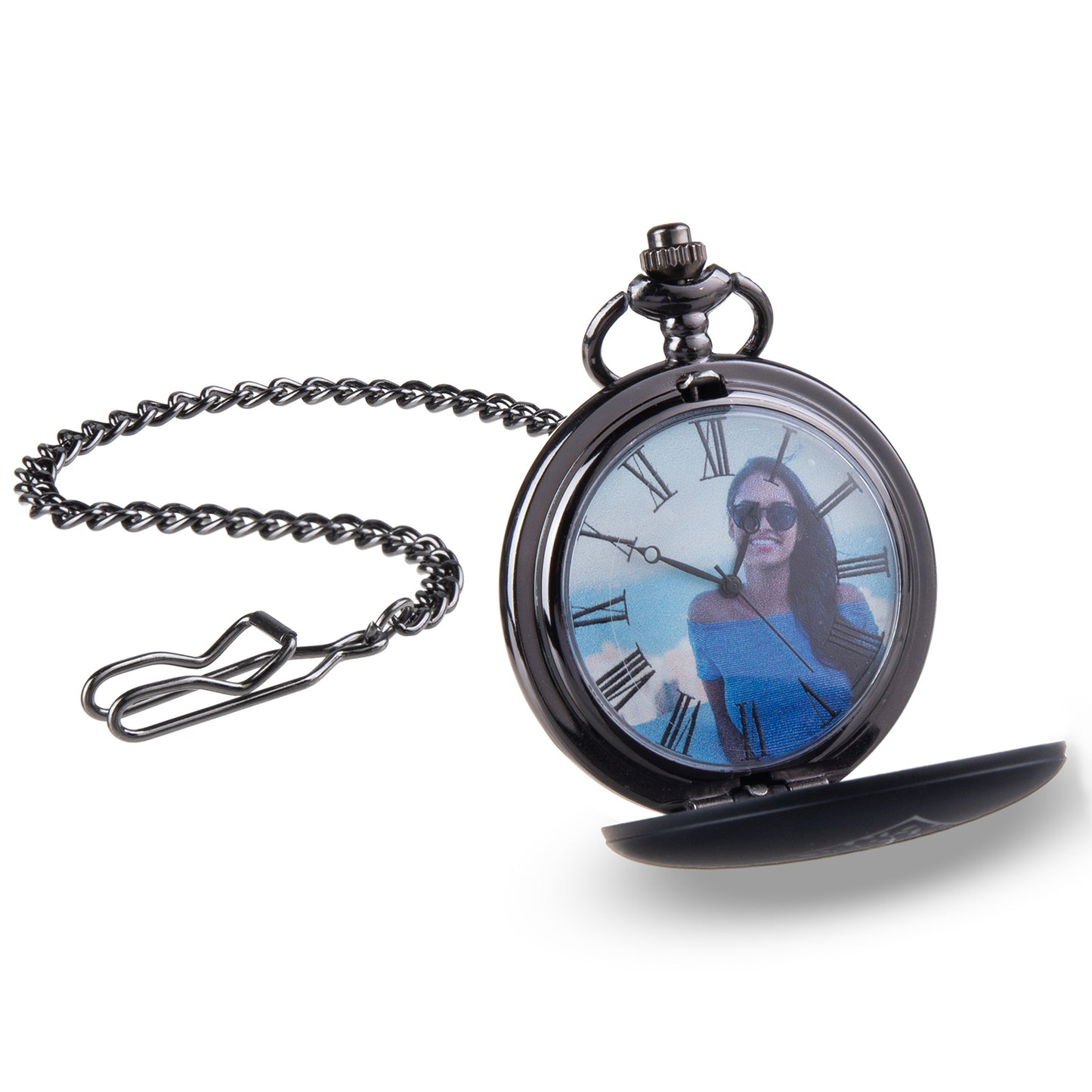 Black metal pocket watch with custom photo and Roman numerals on white dial, attached chain.