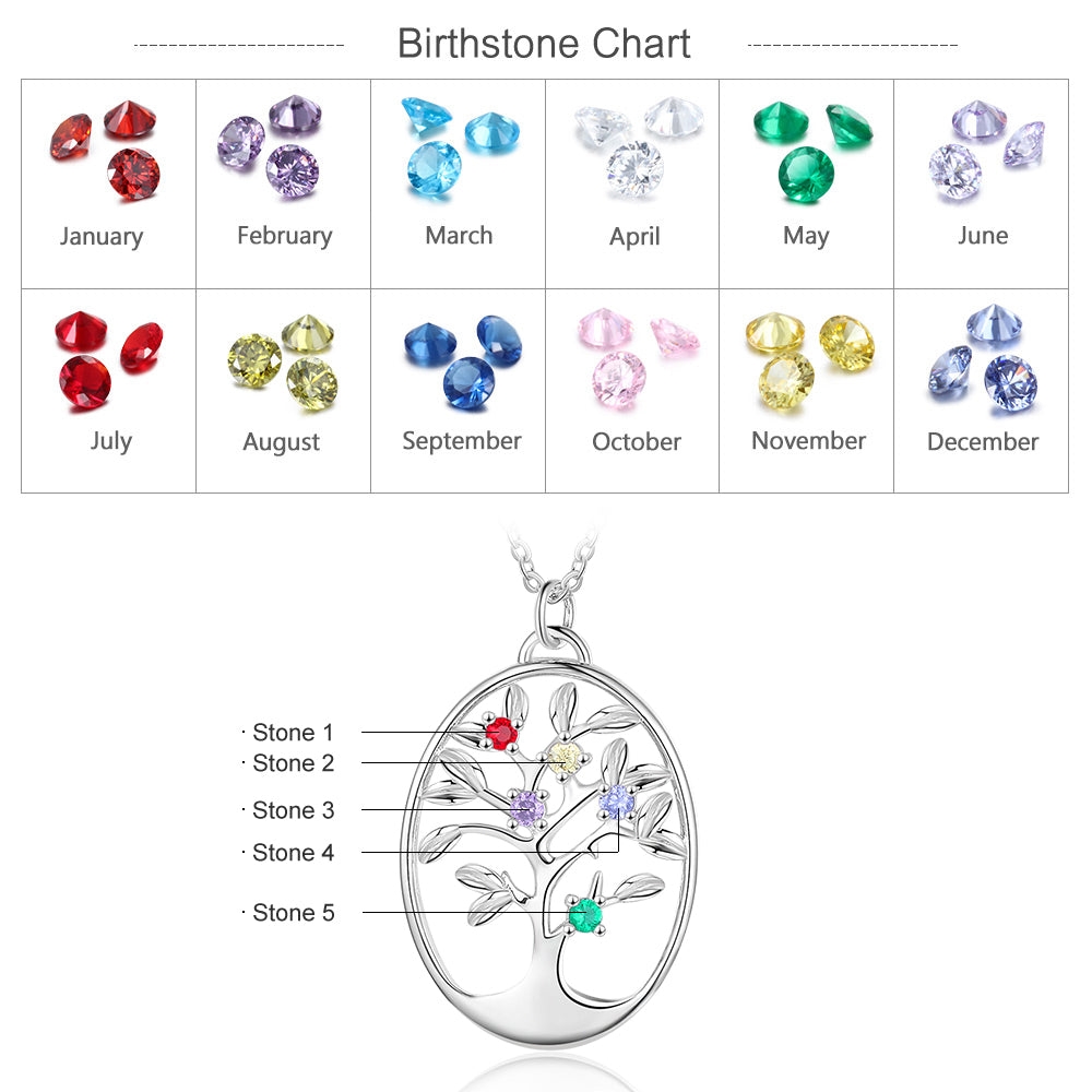 Oval silver family tree pendant with five colorful birthstone gems on branches.