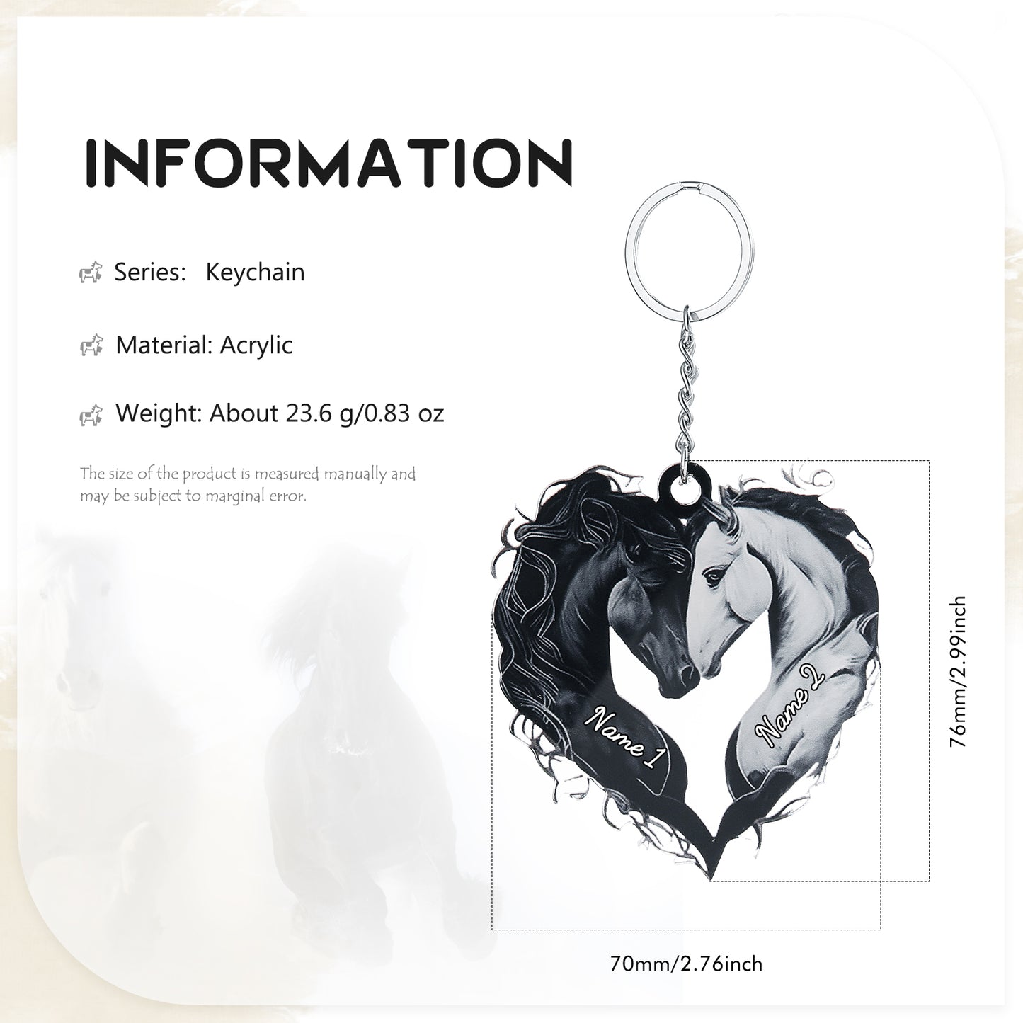 Heart-shaped acrylic keychain featuring two detailed horses forming a heart, customizable with names, attached to a silver.