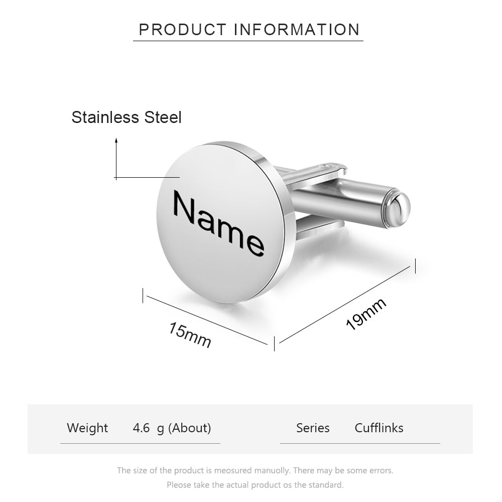 Round silver stainless steel cufflinks with engraved custom name, polished finish, 15mm diameter.