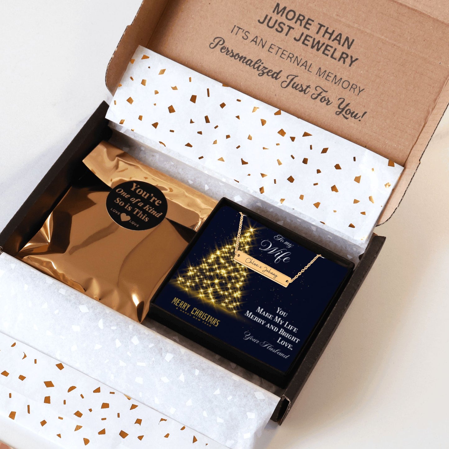 Name Tag Horizontal Bar Necklace To my Wife, You make my Life Merry and Bright by OwnPrint