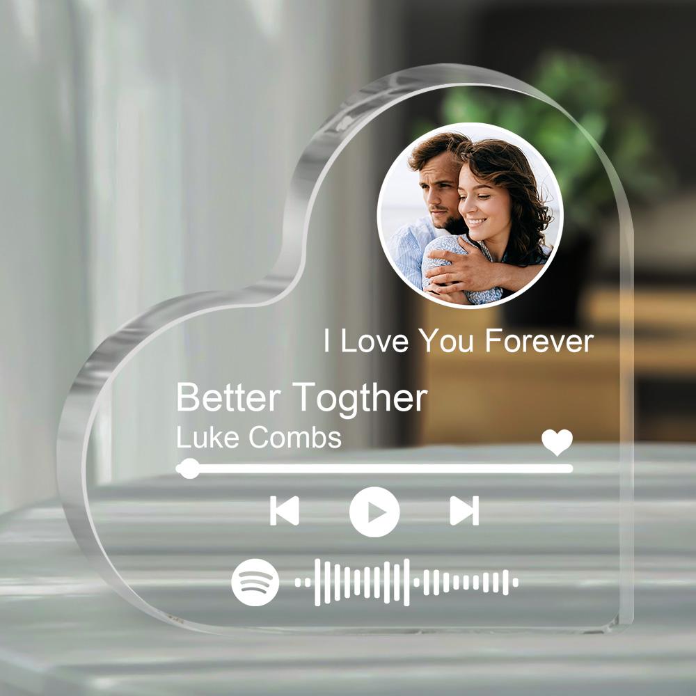 Personalized heart acrylic Spotify photo frame with couple photo and song.