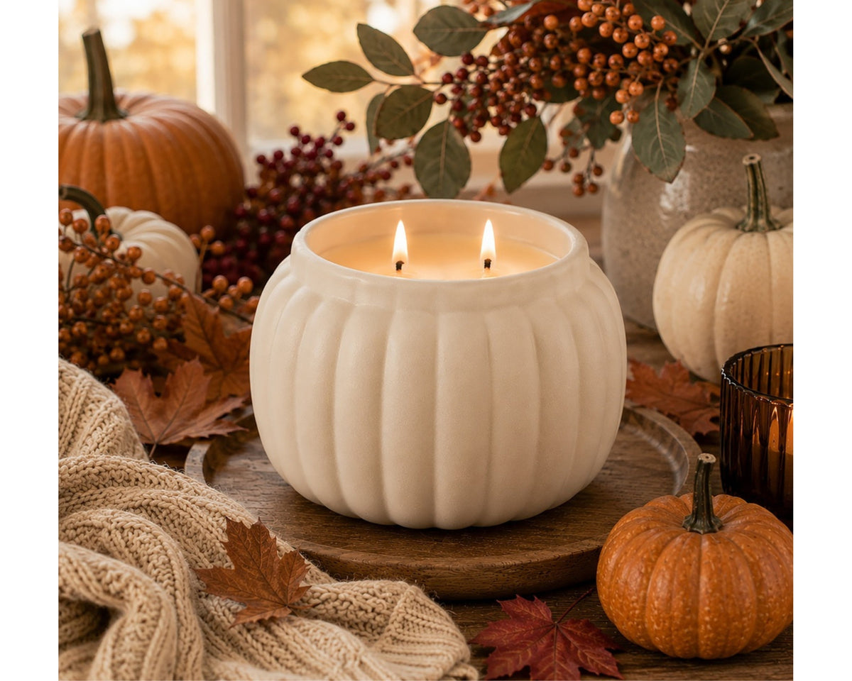 Ivory Harvest Ceramic Pumpkin Candle – Luxury Fall Apricot Coconut Wax Candle 80+ Hours JewelryLuxeUS.Shop