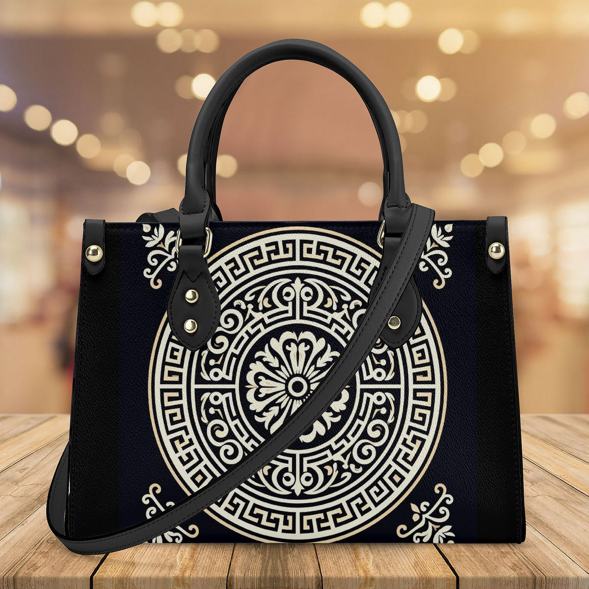 Luxury Women PU Tote Bag - Black with white circle