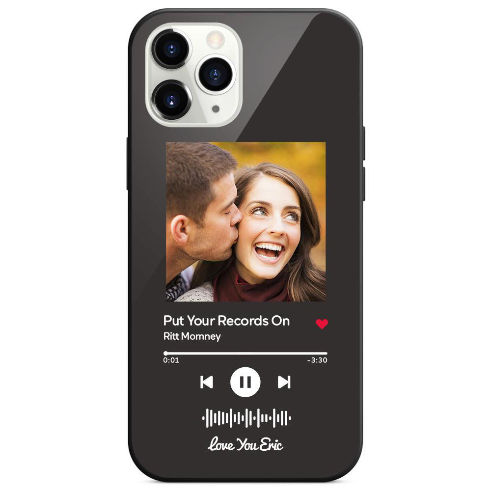 Phone case with couple photo and music player interface.