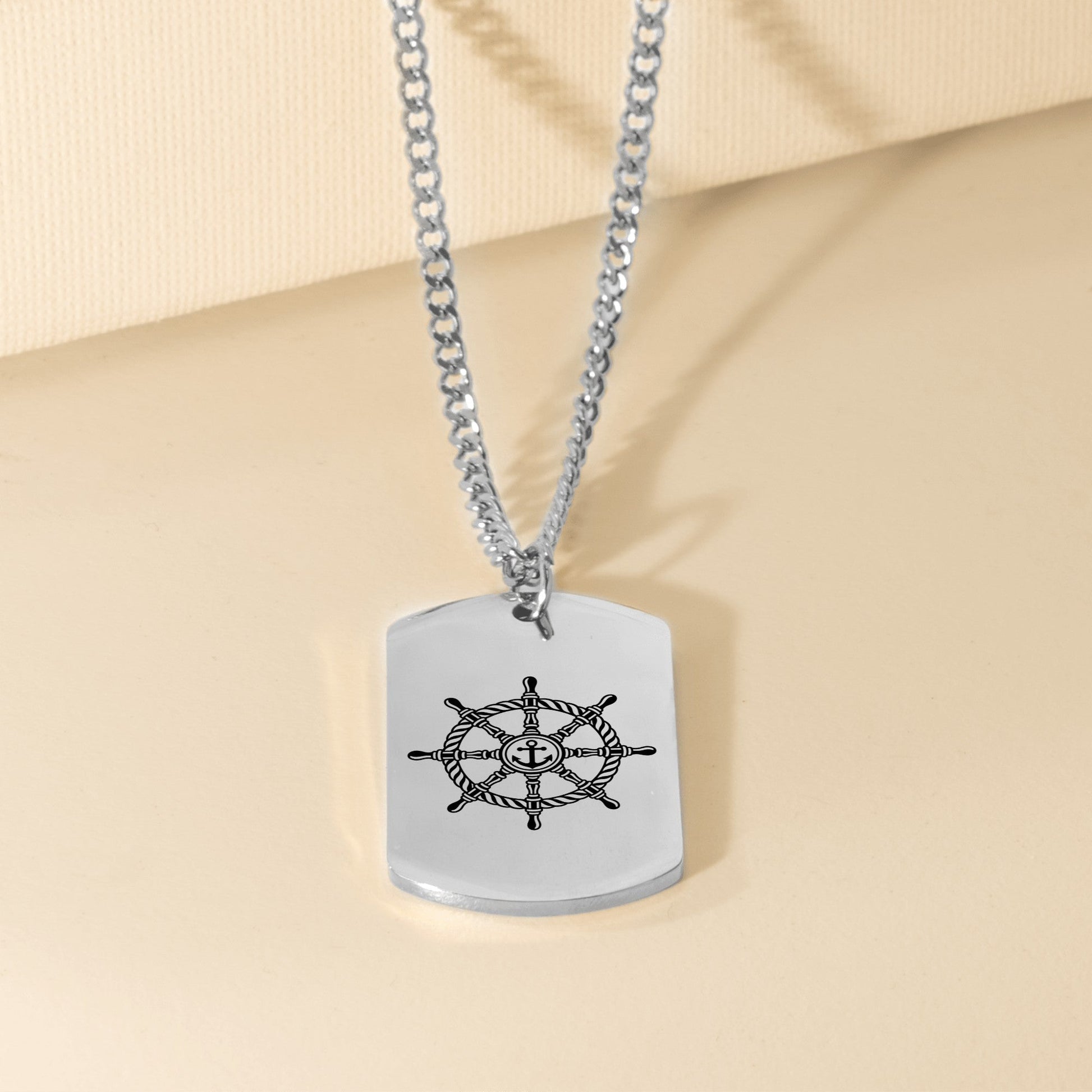 Husband Cuban Tag Necklace with Ship Wheel OwnPrint