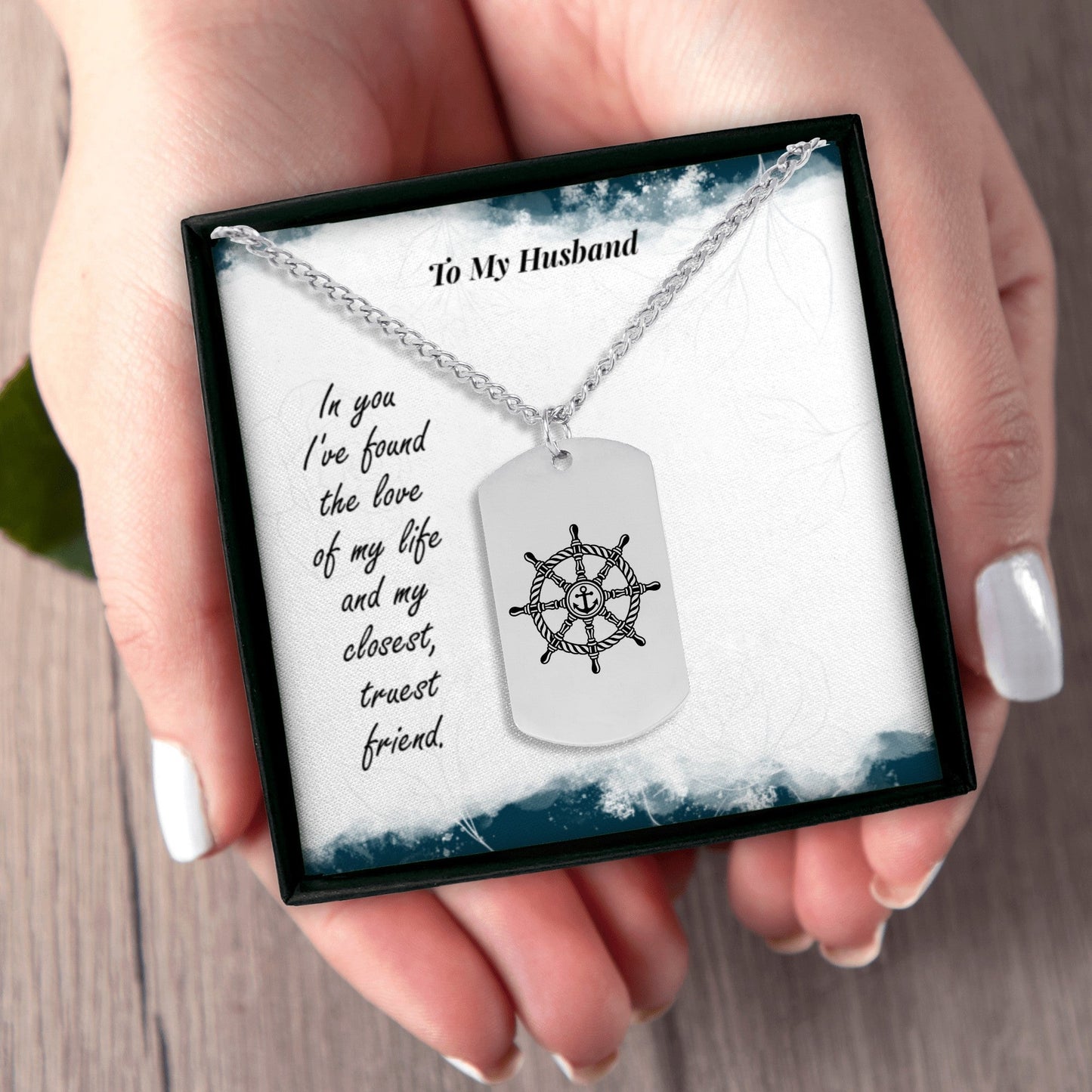 Husband Cuban Tag Necklace with Ship Wheel OwnPrint