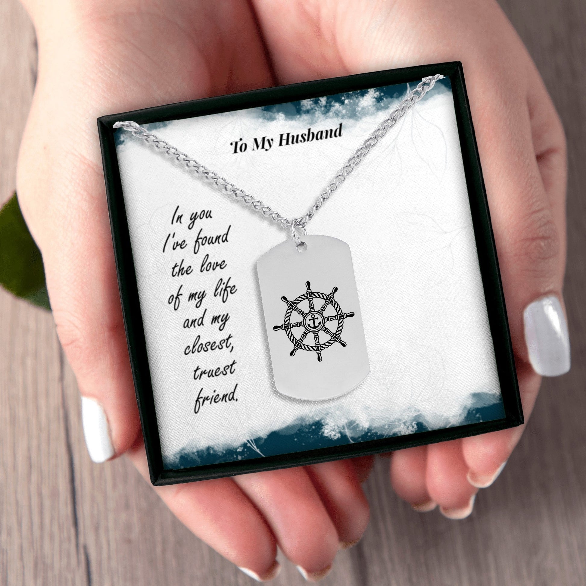 Husband Cuban Tag Necklace with Ship Wheel OwnPrint