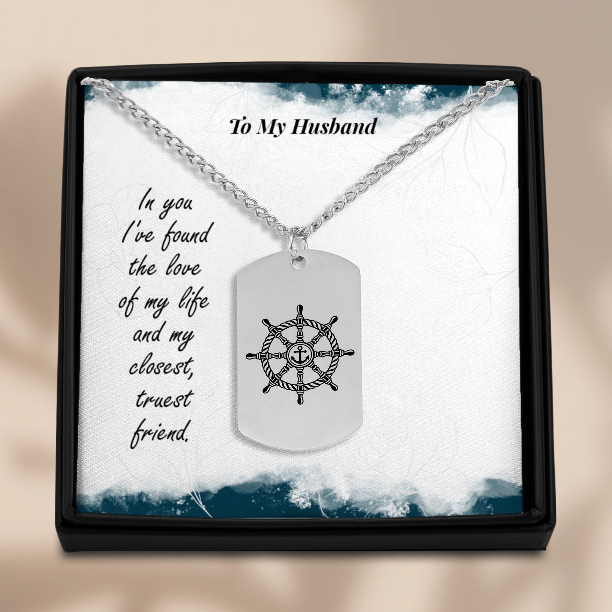 Husband Cuban Tag Necklace with Ship Wheel OwnPrint