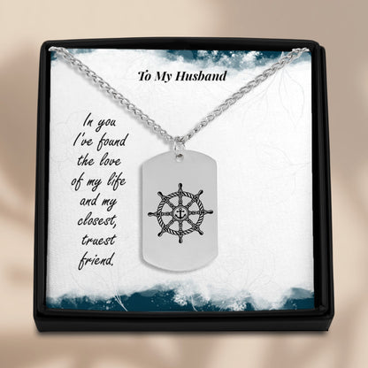Husband Cuban Tag Necklace with Ship Wheel OwnPrint