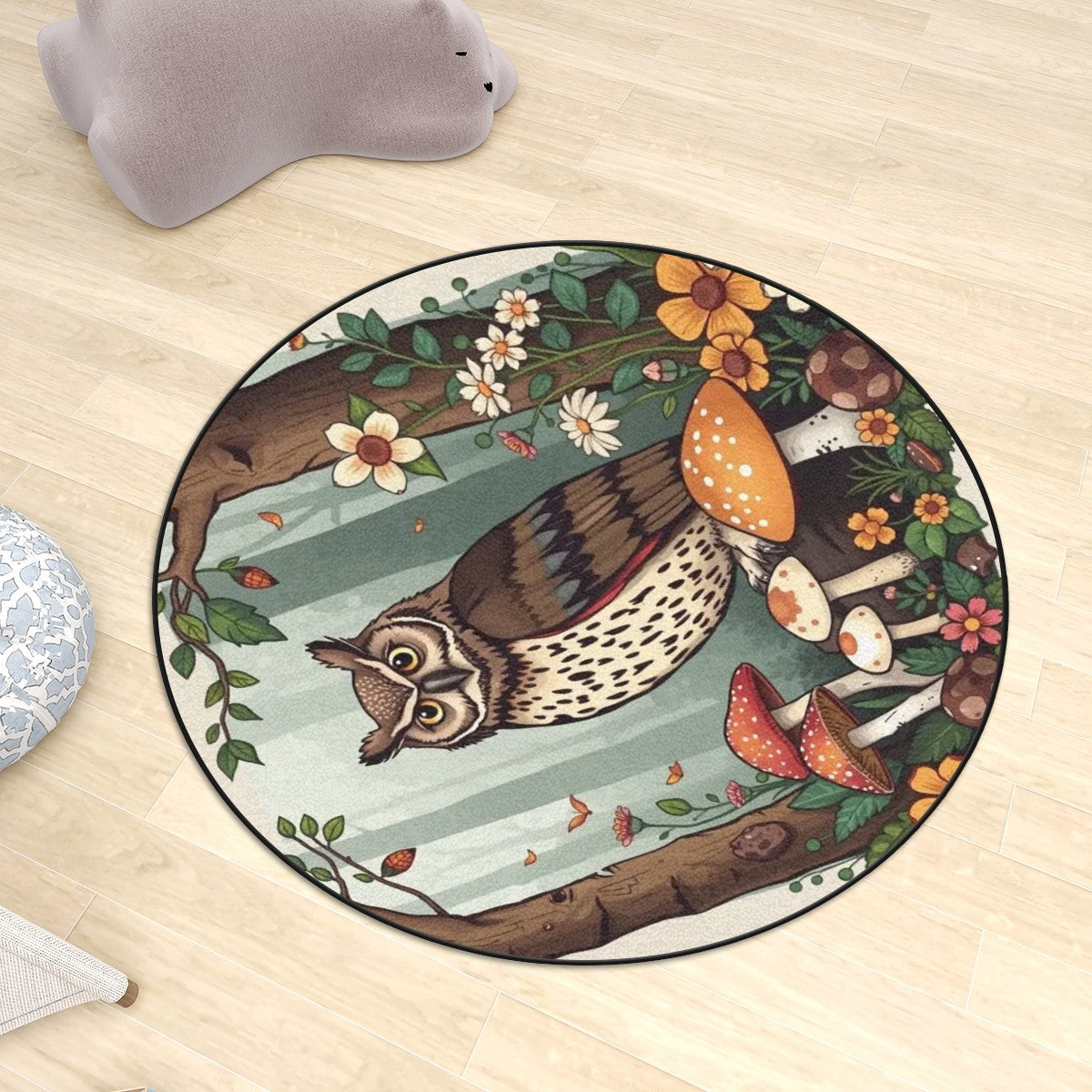 Owl & Forest Plush Round Area Rug – Kids Room Soft Play Mat Nursery Decor JewelryLuxeUS.Shop