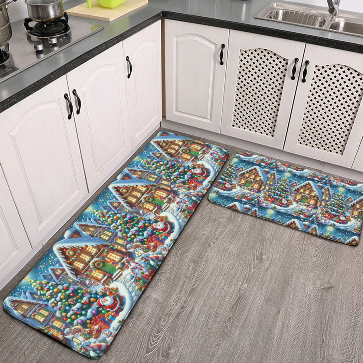 Two-piece L multifunctional kitchen mat Christmas House rug by ChristmasLoving.Shop