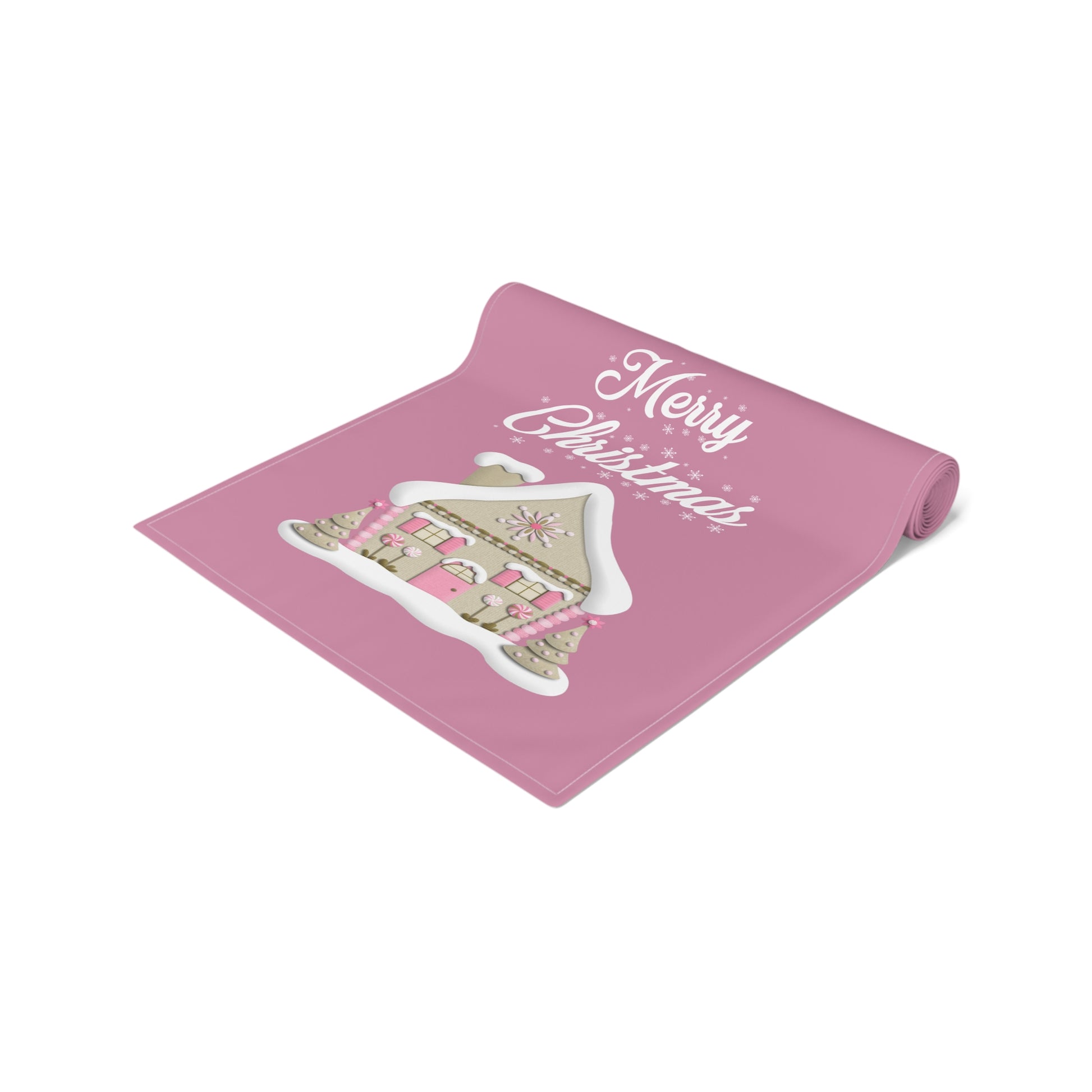 Pink Christmas House Table Runner — Festive Farmhouse Holiday Table Centerpiece by Printify