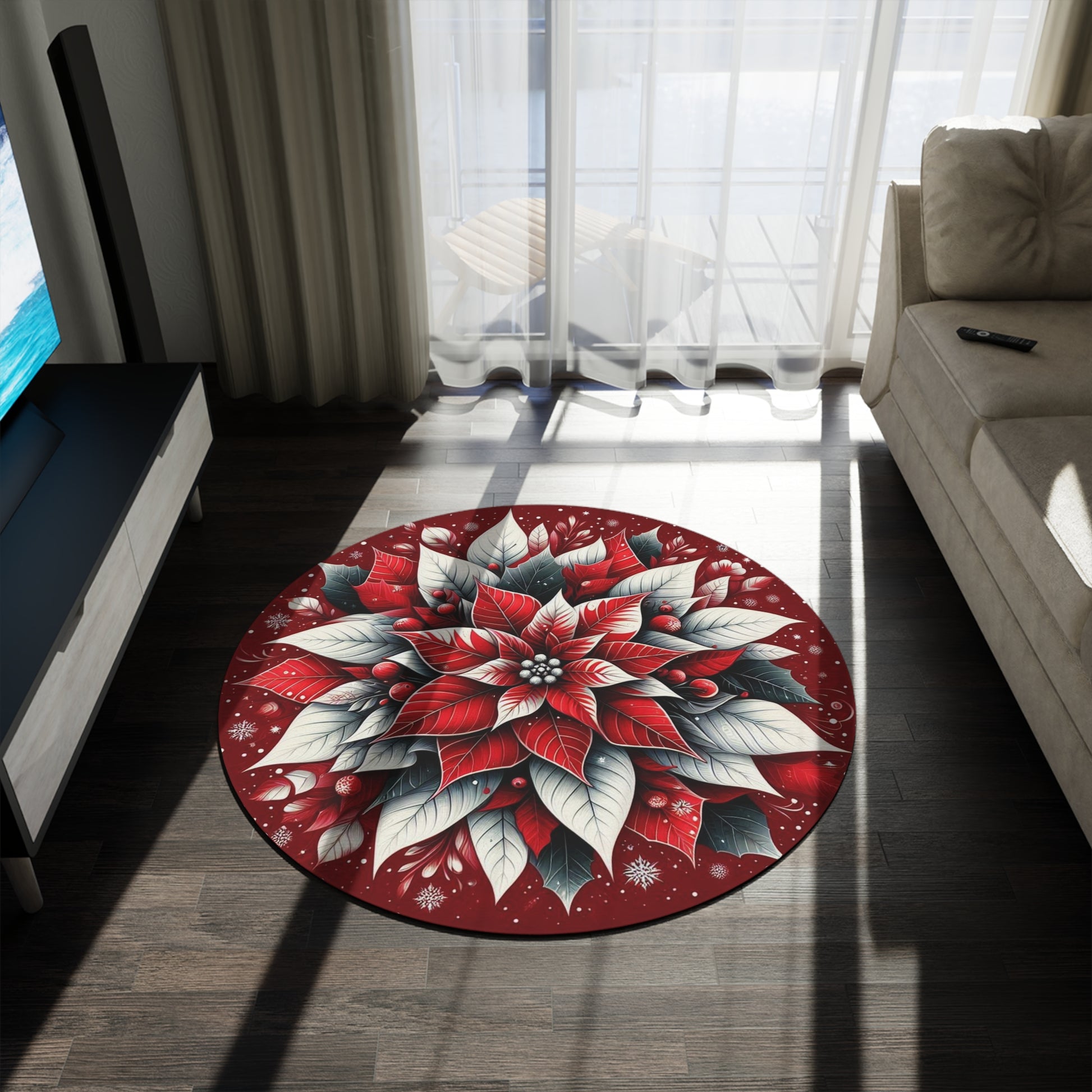 Christmas Round Rug, Holiday Poinsettia Home Decor, Festive Circle Carpet, Xmas Floral Area Rug, Winter Flower Floor Mat by Printify