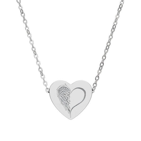 Engraved Heart Necklace — Half Angel Wings Design by Printify