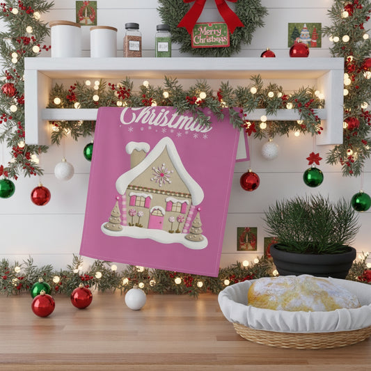 Pink Christmas Tea Towel — Festive Holiday Kitchen Decor & Hostess Gift by Printify