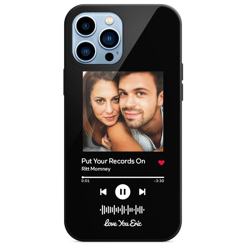 Black iPhone case with a photo of a couple and "Put Your Records On" artwork.