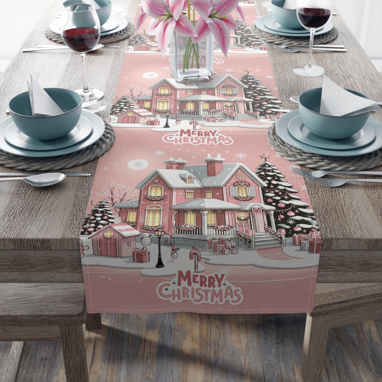 Christmas House Table Runner - Festive Holiday Decor Pink Merry Christmas, Dining Room Kitchen Decor, Home Decoration, by Printify