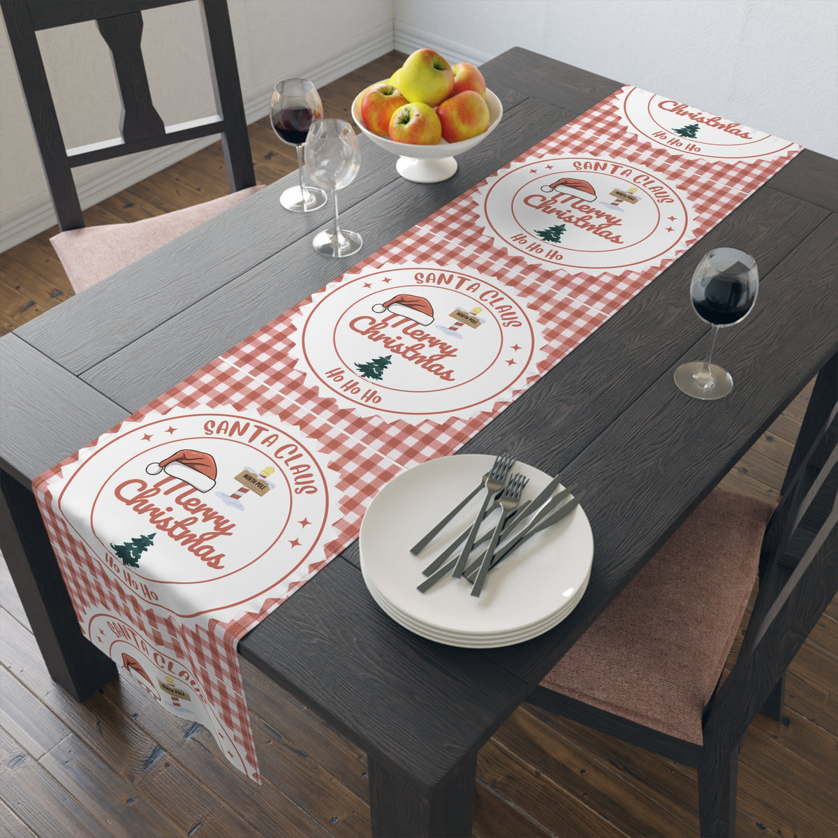Table Runner, Christmas Decoration Santa Claus Ho Ho Ho, Red White, Cotton Poly, Home Decor, Holiday Table Linen, Festive Dining Accessories by Printify
