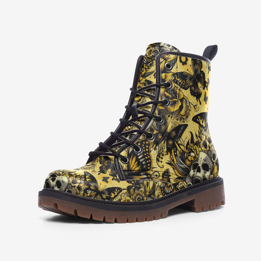 Yellow Faux Leather Skull Casual Lightweight Boots Printy6
