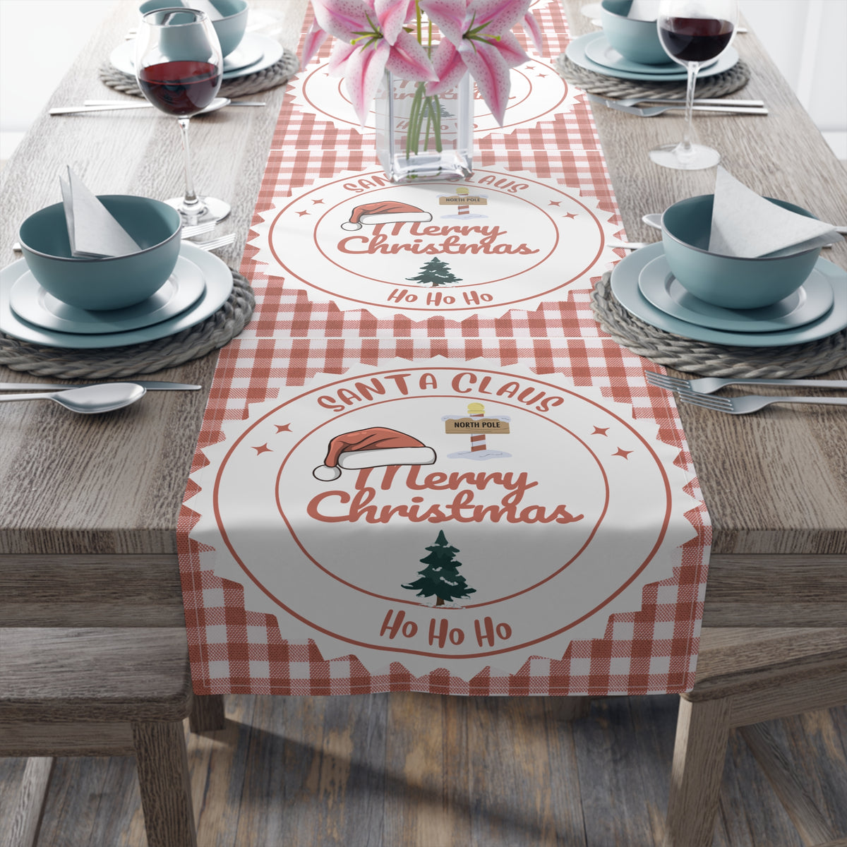 Table Runner, Christmas Decoration Santa Claus Ho Ho Ho, Red White, Cotton Poly, Home Decor, Holiday Table Linen, Festive Dining Accessories by Printify