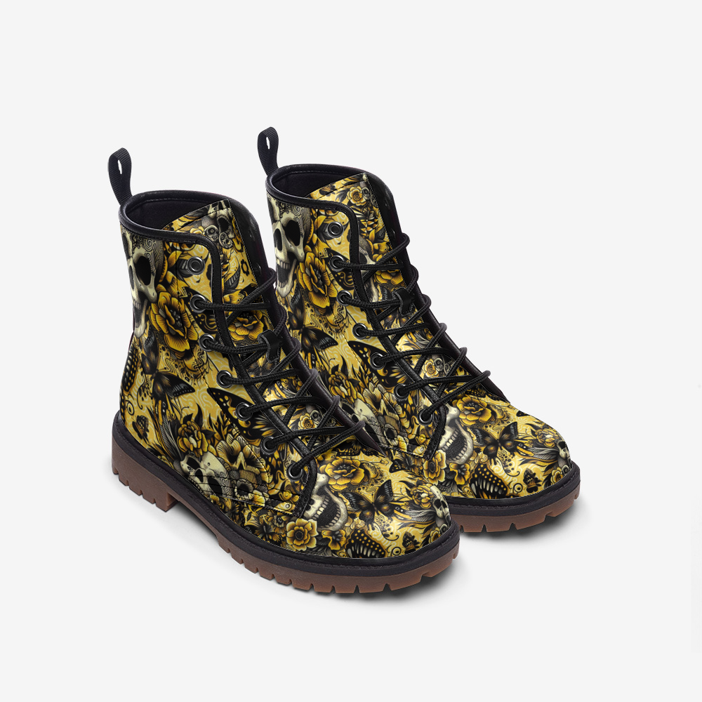 Yellow Faux Leather Skull Casual Lightweight Boots Printy6