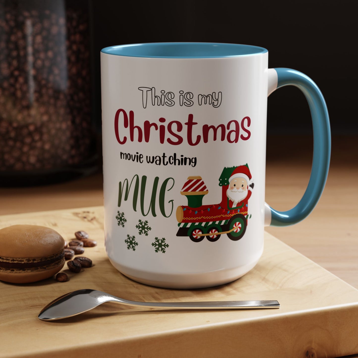 Christmas Movie Watching Accent Coffee Mug (11, 15oz) - Cozy Holiday Mug, Festive Hot Cocoa Cup, Winter Movie Night Gift, Santa Claus Mug, by Printify
