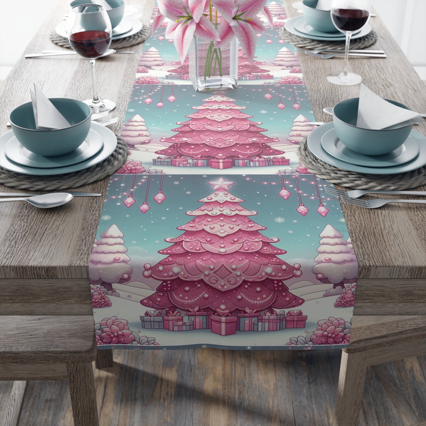 Christmas Table Runner, Holiday Decor, Cotton Table Runner, Festive Dining, Pink Christmas Tree, Hostess Gift by Printify