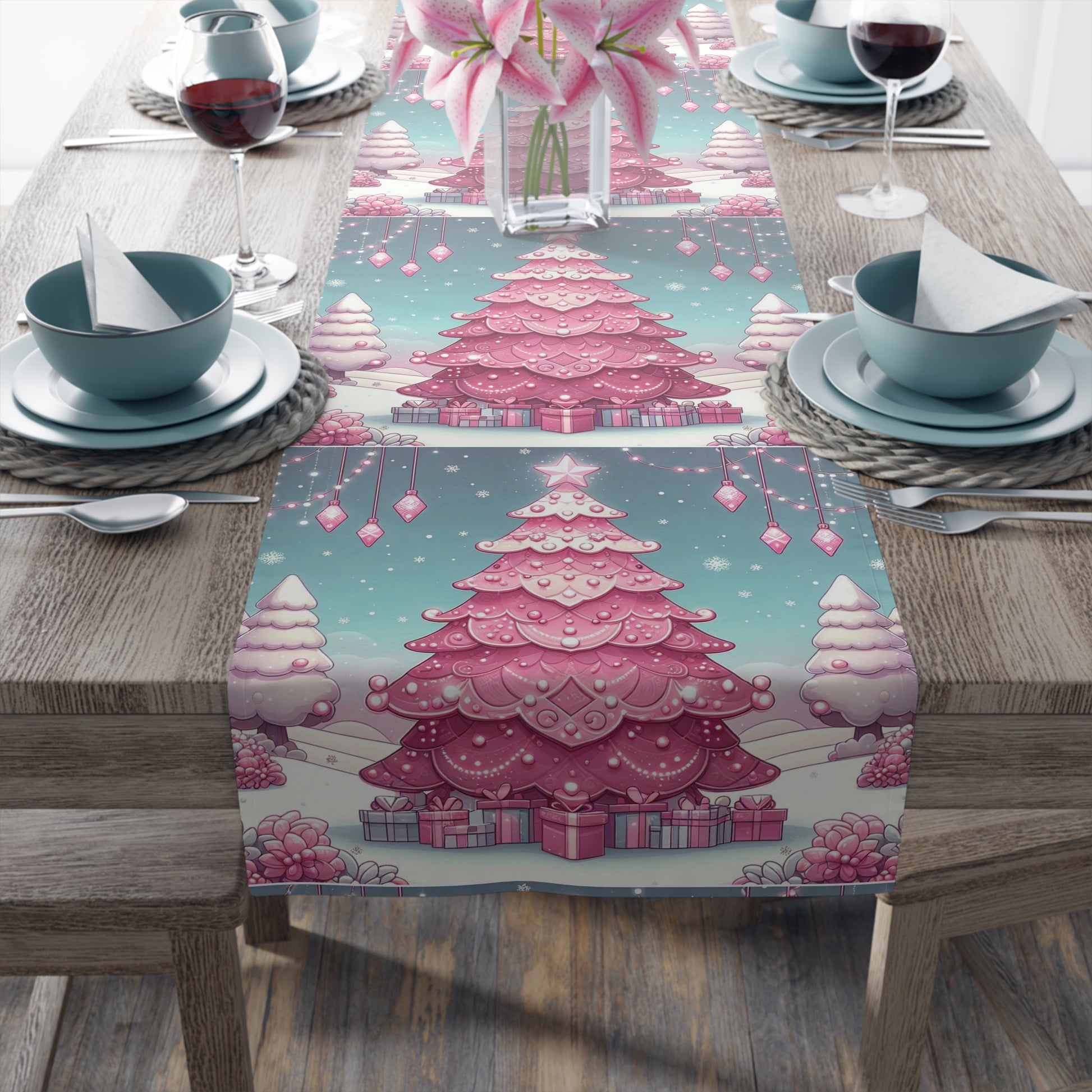Christmas Table Runner, Holiday Decor, Cotton Table Runner, Festive Dining, Pink Christmas Tree, Hostess Gift by Printify