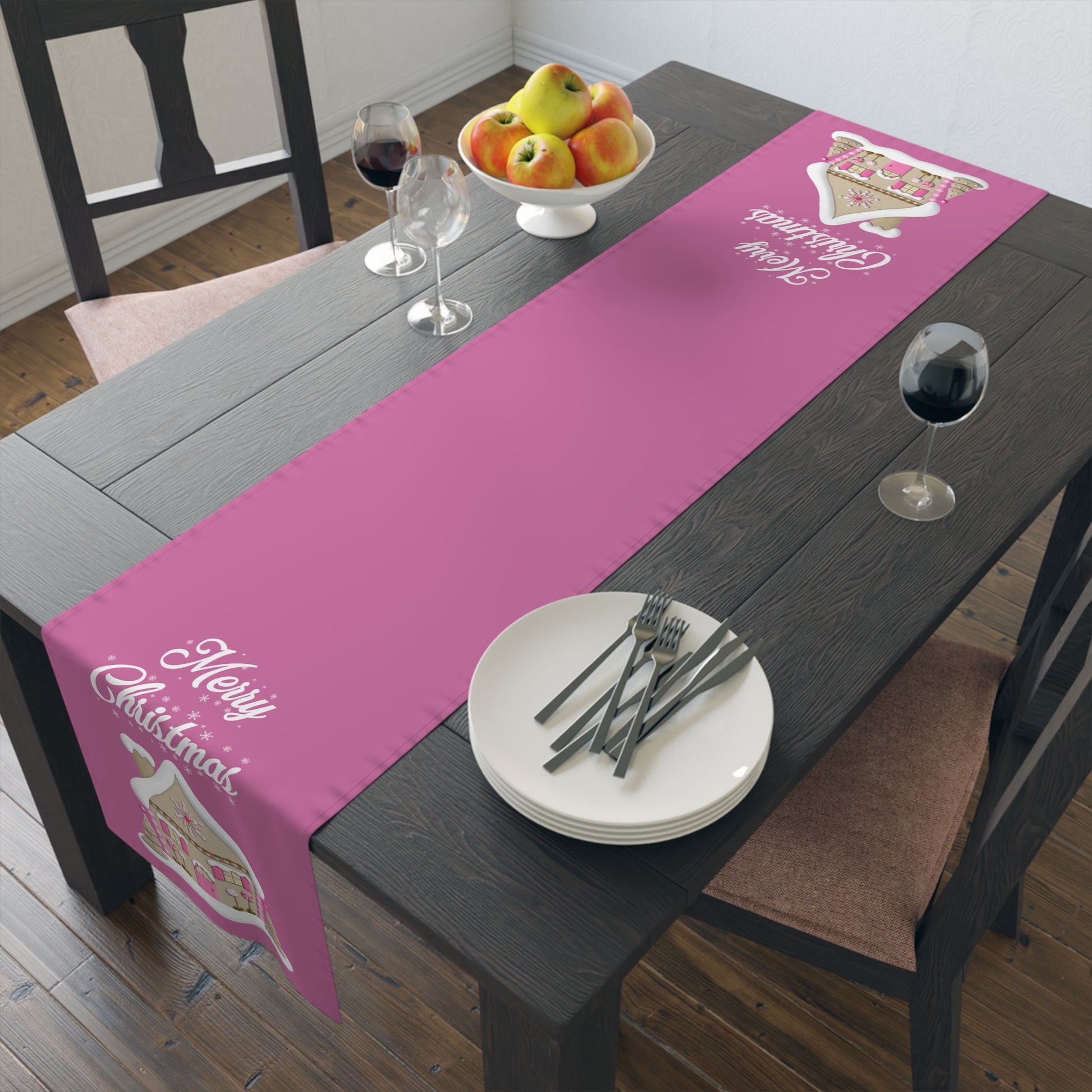 Pink Christmas House Table Runner — Festive Farmhouse Holiday Table Centerpiece by Printify