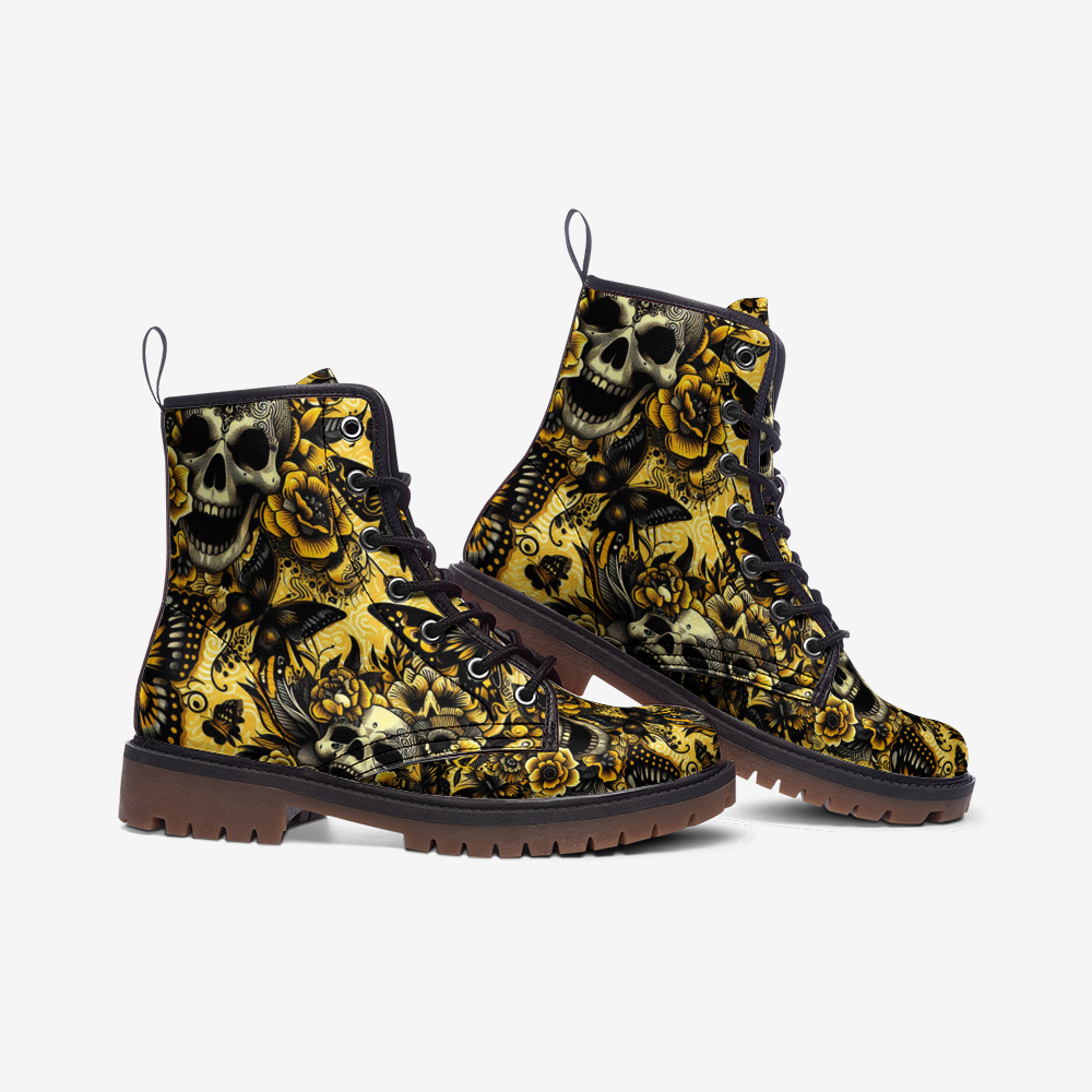 Yellow Faux Leather Skull Casual Lightweight Boots Printy6