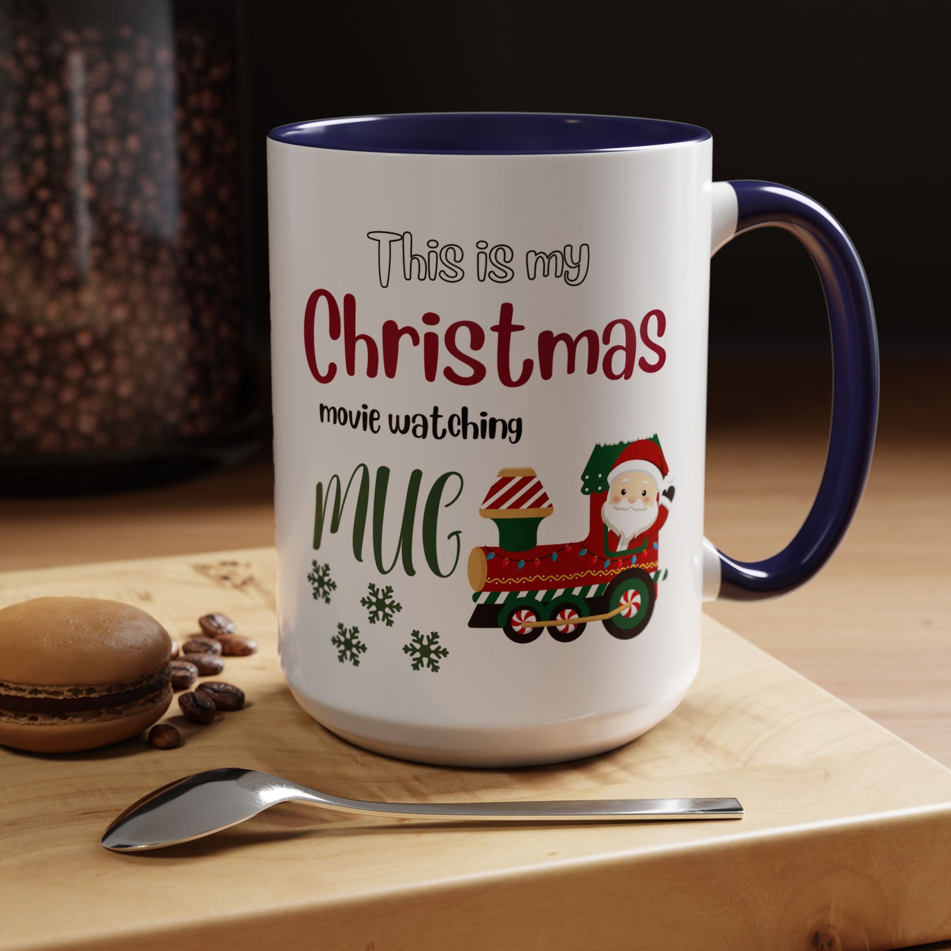 Christmas Movie Watching Accent Coffee Mug (11, 15oz) - Cozy Holiday Mug, Festive Hot Cocoa Cup, Winter Movie Night Gift, Santa Claus Mug, by Printify