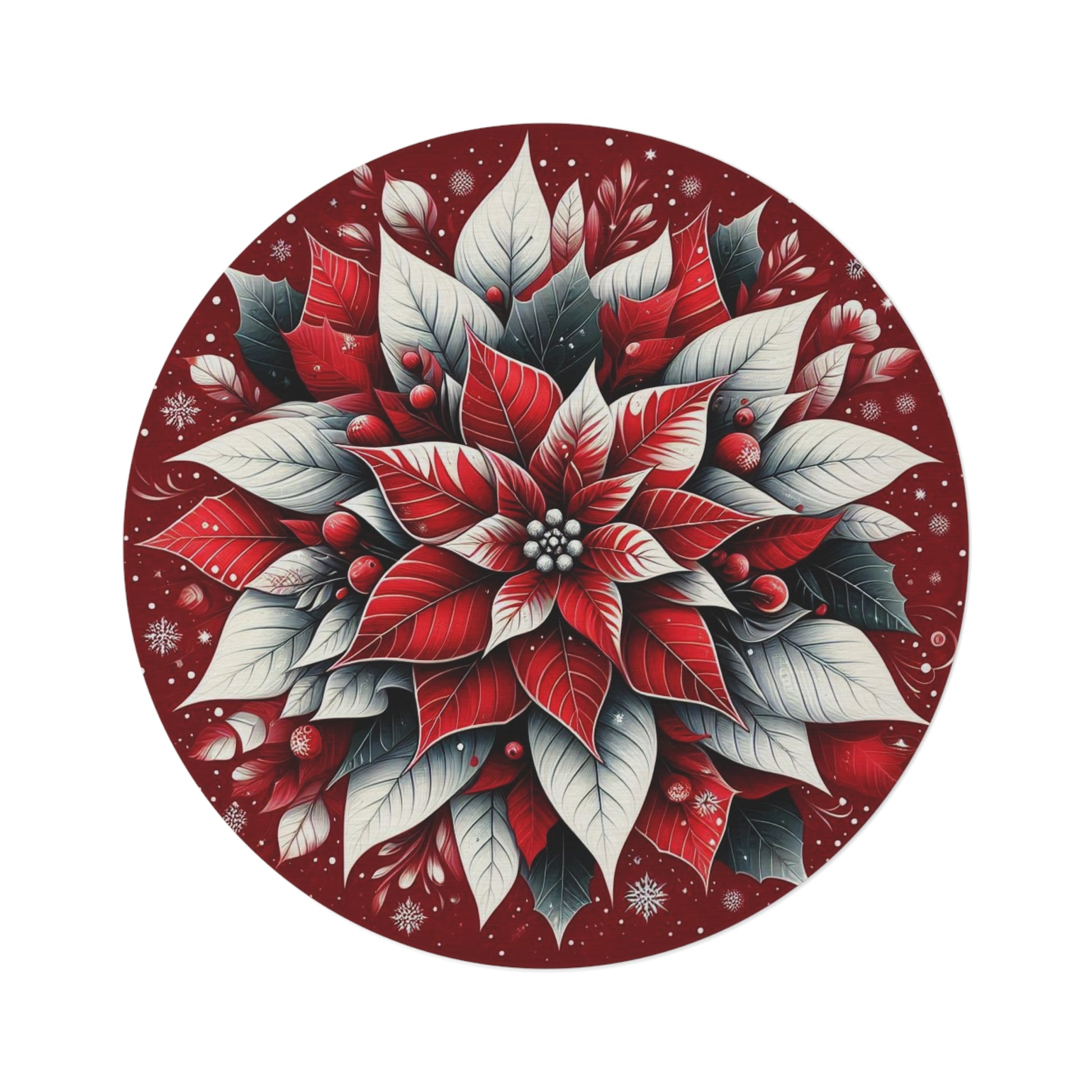 Christmas Round Rug, Holiday Poinsettia Home Decor, Festive Circle Carpet, Xmas Floral Area Rug, Winter Flower Floor Mat by Printify