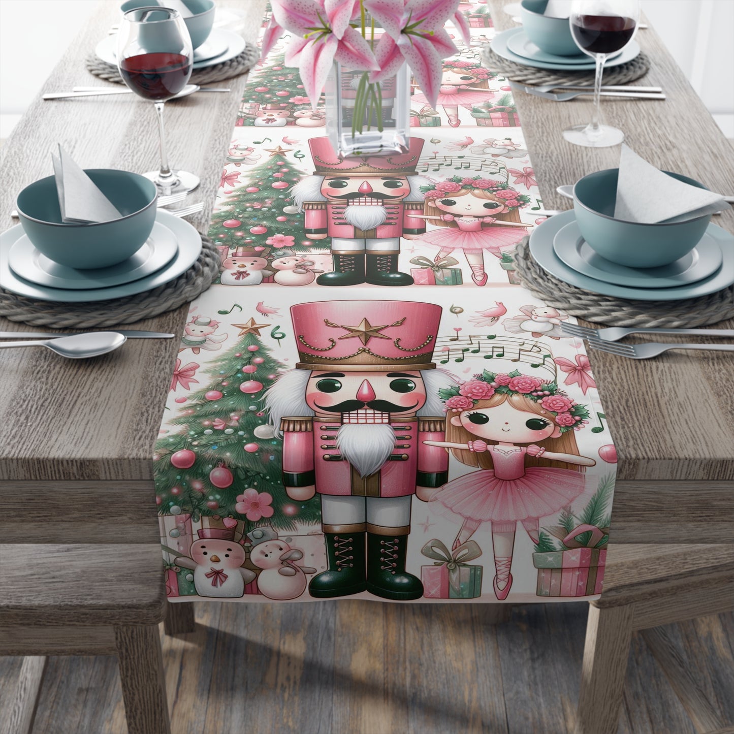 Pink Nutcracker Christmas Table Runner — Festive Holiday Dining Decor by Printify