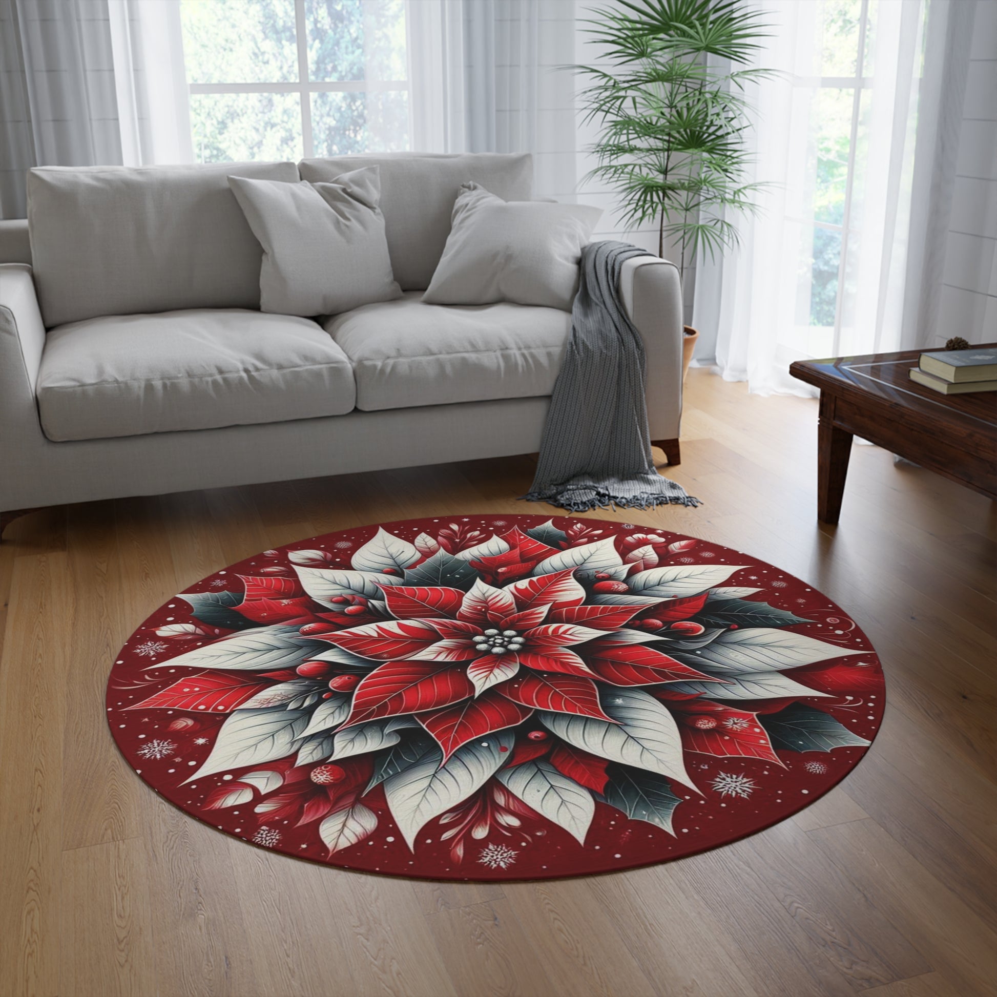 Christmas Round Rug, Holiday Poinsettia Home Decor, Festive Circle Carpet, Xmas Floral Area Rug, Winter Flower Floor Mat by Printify